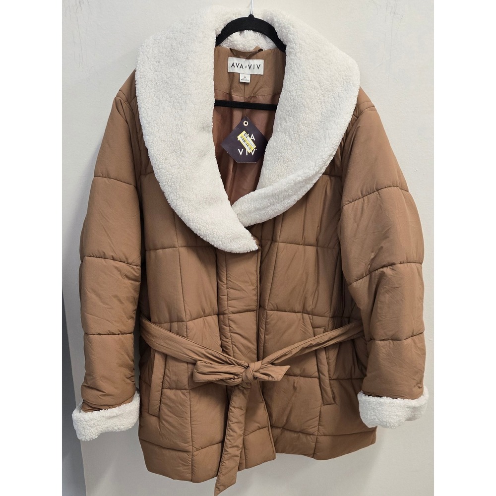 Ava & Viv Womens 3X Camel Brown Belted Puffer Jacket Faux Fur Collar New